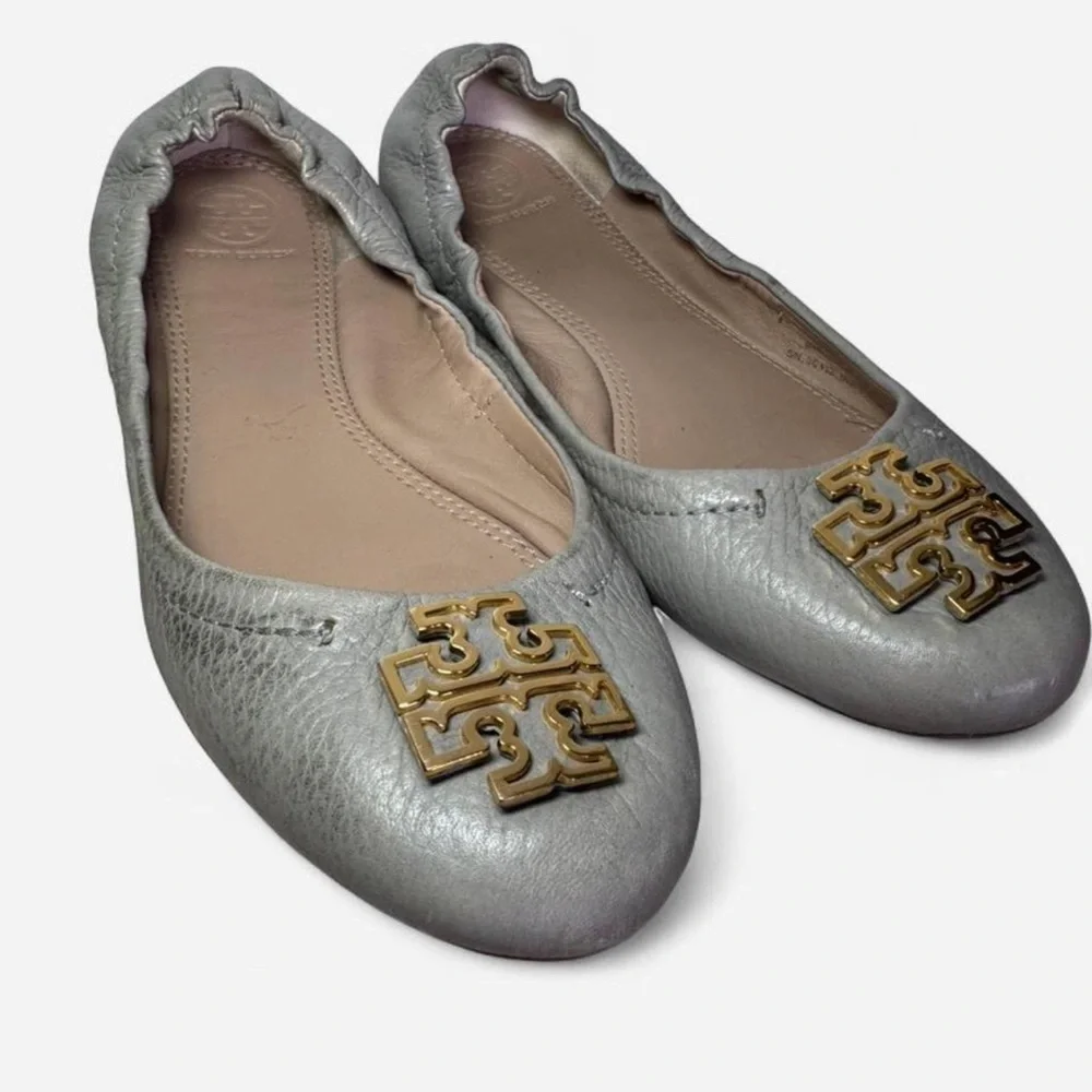 Tory Burch Silver Leather Logo Ballet Flats